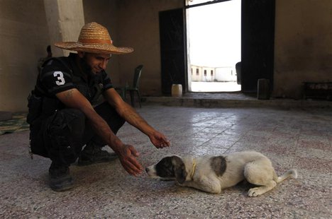 A Free Syrian Army fighter plays with a dog near Nairab military airport in Aleppo June 12, 2013. REUTERS/Hamid Khatib A Free Syrian Army fighter plays with a dog near Nairab military airport in Aleppo June 12, 2013. REUTERS/Hamid Khatib