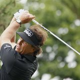 Phil Mickelson of the U.S. tees off on the second hole during the first round of the 2013 U.S. Open golf championship at the Merion Golf Clu