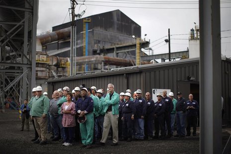 Steelworkers wait to meet U.S. President Barack Obama during a change of shift at V&M Star, in Youngstown, Ohio in this taken May 18, 2010 f Steelworkers wait to meet U.S. President Barack Obama during a change of shift at V&M Star, in Youngstown, Ohio in this taken May 18, 2010 f