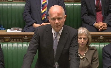 Britain's Foreign Secretary William Hague is seen making a statement to the House of Commons in this still image taken from video, in centra Britain's Foreign Secretary William Hague is seen making a statement to the House of Commons in this still image taken from video, in centra