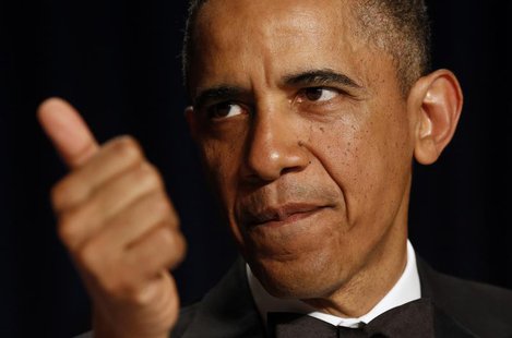 U.S. President Barack Obama gestures at the White House Correspondents Association Dinner in Washington April 27, 2013. REUTERS/Kevin Lamarq U.S. President Barack Obama gestures at the White House Correspondents Association Dinner in Washington April 27, 2013. REUTERS/Kevin Lamarq