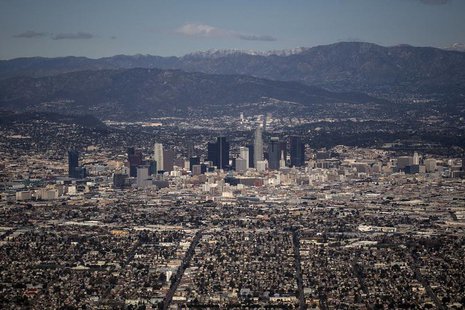 The Los Angeles skyline and the San Gabriel Mountains are seen in this aerial photo taken on February 20, 2013. Picture taken on February 20 The Los Angeles skyline and the San Gabriel Mountains are seen in this aerial photo taken on February 20, 2013. Picture taken on February 20