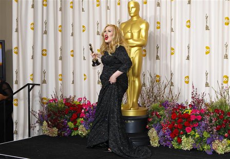 Adele Adkins of Britain leaves the stage with her Oscar for Best Original Song for "Skyfall" at the 85th Academy Awards in Hollywood, Califo Adele Adkins of Britain leaves the stage with her Oscar for Best Original Song for "Skyfall" at the 85th Academy Awards in Hollywood, Califo