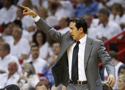 Miami Heat head coach Erik Spoelstra directs his team against the San Antonio Spurs during the first quarter in Game 2 of their NBA Finals b Miami Heat head coach Erik Spoelstra directs his team against the San Antonio Spurs during the first quarter in Game 2 of their NBA Finals b
