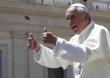 Pope Francis gives the thumbs up during the weekly audience in Saint Peter's Square at the Vatican June 12, 2013. REUTERS/Tony Gentile Pope Francis gives the thumbs up during the weekly audience in Saint Peter's Square at the Vatican June 12, 2013. REUTERS/Tony Gentile