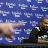 San Antonio Spurs Tony Parker of France listens to a media question after practice for their NBA Finals basketball playoff series against th