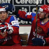 Russia's Alexander Ovechkin (L) gets a pat on the head by teammate Sergei Soin after judges validated his goal against Team USA during their Russia's Alexander Ovechkin (L) gets a pat on the head by teammate Sergei Soin after judges validated his goal against Team USA during their