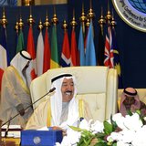 Kuwait Emir Sheikh Sabah al-Ahmed al-Sabah smiles ahead of the opening ceremony of the International Humanitarian Pledging Conference for Sy