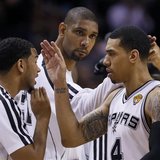 San Antonio Spurs' Danny Green (R), Tim Duncan (C) and Cory Joseph celebrate during a timeout in second quarter play against the Miami Heat San Antonio Spurs' Danny Green (R), Tim Duncan (C) and Cory Joseph celebrate during a timeout in second quarter play against the Miami Heat