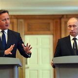 Britain's Prime Minister David Cameron (L) and Russia's President Vladimir Putin hold a joint news conference in 10 Downing Street, central 
