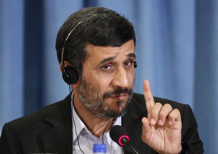 Iran's President Mahmoud Ahmadinejad gestures during a news conference in New York, September 24, 2010. REUTERS/Lucas Jackson Iran's President Mahmoud Ahmadinejad gestures during a news conference in New York, September 24, 2010. REUTERS/Lucas Jackson