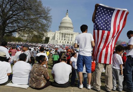 Immigrants protest in favor of comprehensive immigration reform while on the West side of Capitol Hill in Washington, April 10, 2013. REUTER Immigrants protest in favor of comprehensive immigration reform while on the West side of Capitol Hill in Washington, April 10, 2013. REUTER