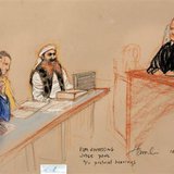 Khalid Sheikh Mohammed, (2nd R) the alleged mastermind of the September 11 attacks, addresses the judge during the third day of pre-trial hearings in the 9/11 war crimes prosecution as depicted in this Pentagon-approved courtroom sketch at the U.S. Naval Base Guantanamo Bay, Cuba, October 17, 2012.
Credit: Reuters/Janet Hamlin Khalid Sheikh Mohammed, (2nd R) the alleged mastermind of the September 11 attacks, addresses the judge during the third day of pre-trial hearings in the 9/11 war crimes prosecution as depicted in this Pentagon-approved courtroom sketch at the U.S. Naval Base Guantanamo Bay, Cuba, October 17, 2012.
Credit: Reuters/Janet Hamlin
