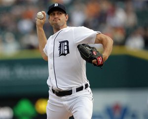 Detroit Tigers starting pitcher Max Scherzer throws to the Baltimore Orioles during the first inning of their MLB American League baseball g