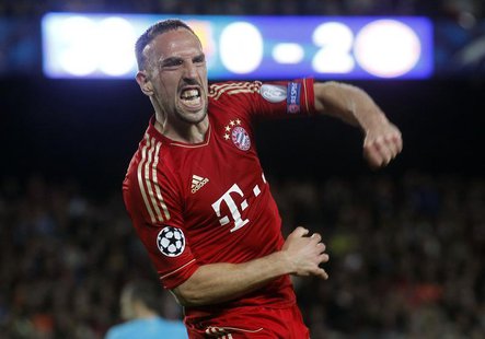 Bayern Munich's Franck Ribery celebrates after a goal was scored against Barcelona during their Champions League semi-final second leg socce Bayern Munich's Franck Ribery celebrates after a goal was scored against Barcelona during their Champions League semi-final second leg socce