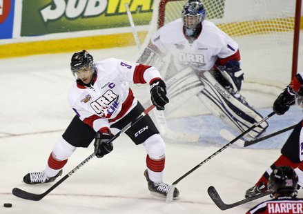 Team Orr's Seth Jones gets ready to pass while in front of his goalie Philippe Desrosiers during the third period of the CHL/NHL Top Prospec Team Orr's Seth Jones gets ready to pass while in front of his goalie Philippe Desrosiers during the third period of the CHL/NHL Top Prospec