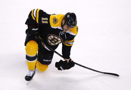 Boston Bruins' Gregory Campbell grimaces after being injured during second period play against the Pittsburgh Penguins in Game 3 of their NH Boston Bruins' Gregory Campbell grimaces after being injured during second period play against the Pittsburgh Penguins in Game 3 of their NH