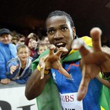 Jamaica's Yohan Blake celebrates as he won the men's 100m race during the Weltklasse Diamond League meeting in Zurich August 30, 2012. REUTE