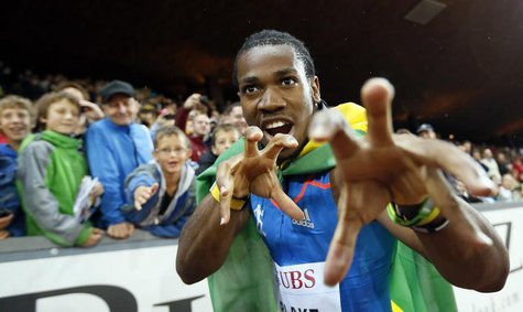 Jamaica's Yohan Blake celebrates as he won the men's 100m race during the Weltklasse Diamond League meeting in Zurich August 30, 2012. REUTE Jamaica's Yohan Blake celebrates as he won the men's 100m race during the Weltklasse Diamond League meeting in Zurich August 30, 2012. REUTE