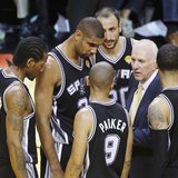 San Antonio Spurs head coach Gregg Popovich speaks to his players near the end of the fourth quarter against the Miami Heat in Game 6 of the