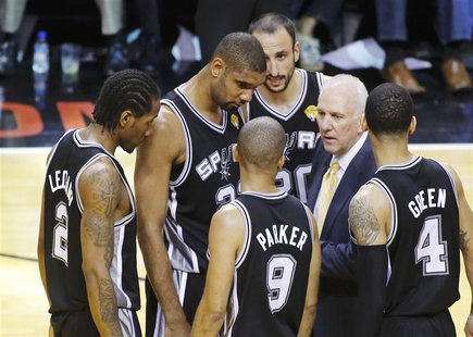 San Antonio Spurs head coach Gregg Popovich speaks to his players near the end of the fourth quarter against the Miami Heat in Game 6 of the San Antonio Spurs head coach Gregg Popovich speaks to his players near the end of the fourth quarter against the Miami Heat in Game 6 of the