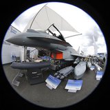 An Eurofighter Typhoon jet is seen with weapons in a static display area, two days before the opening of the 50th Paris Air Show, at the Le 