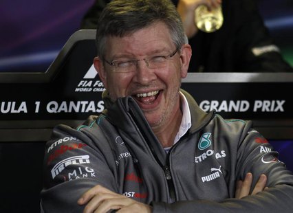 Mercedes Formula One team principal Ross Brawn laughs during a new conference following the second practice session of the Australian F1 Gra Mercedes Formula One team principal Ross Brawn laughs during a new conference following the second practice session of the Australian F1 Gra