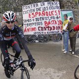 Radioshack Nissan Trek rider Andy Schleck cycles past a banner before the start of the third stage of the Challenge Mallorca cycling tour ne Radioshack Nissan Trek rider Andy Schleck cycles past a banner before the start of the third stage of the Challenge Mallorca cycling tour ne