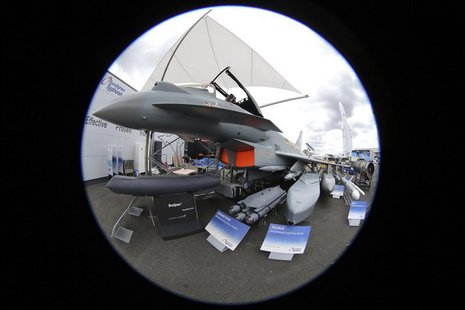 An Eurofighter Typhoon jet is seen with weapons in a static display area, two days before the opening of the 50th Paris Air Show, at the Le An Eurofighter Typhoon jet is seen with weapons in a static display area, two days before the opening of the 50th Paris Air Show, at the Le