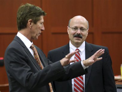 Defense Attorney Mark O'Mara (L) and prosecutor Bernie de la Rionda talk as jury selection continues in George Zimmerman's second-degree mur Defense Attorney Mark O'Mara (L) and prosecutor Bernie de la Rionda talk as jury selection continues in George Zimmerman's second-degree mur