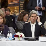 U.S. Secretary of State John Kerry sits next to U.S. Senator Lisa Murkowski (R-Alaska) during the Arctic Council Ministerial Session at City