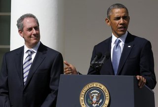 U.S. President Barack Obama announces Michael Froman (L) as his nominee for U.S. Trade Representative while in the Rose Garden at the White 