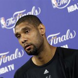 San Antonio Spurs' Tim Duncan speaks to members of the media during a team practice ahead of Game 7 of the NBA Finals basketball playoff aga