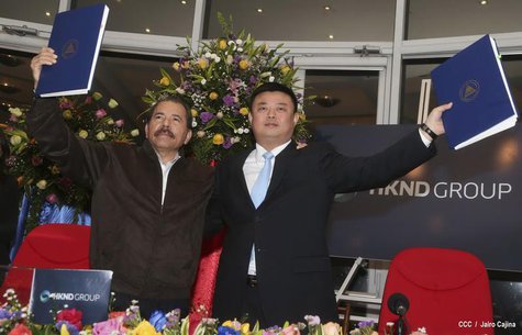 Nicaragua's President Daniel Ortega (L) and Wang Jing, chairman of the Hong Kong international company Nicaragua Canal Development Investmen Nicaragua's President Daniel Ortega (L) and Wang Jing, chairman of the Hong Kong international company Nicaragua Canal Development Investmen