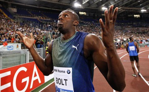Usain Bolt of Jamaica reacts at the end of the 100m event at the Golden Gala IAAF Diamond League at the Olympic stadium in Rome June 6, 2013 Usain Bolt of Jamaica reacts at the end of the 100m event at the Golden Gala IAAF Diamond League at the Olympic stadium in Rome June 6, 2013