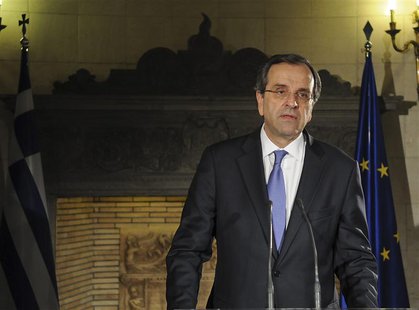 Greece's Prime Minister Antonis Samaras addresses the nation from his office in Athens June 21, 2013. REUTERS/Greek Prime Minister's Office/ Greece's Prime Minister Antonis Samaras addresses the nation from his office in Athens June 21, 2013. REUTERS/Greek Prime Minister's Office/