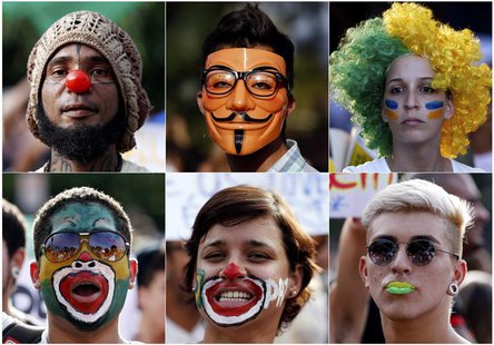 A combination picture shows demonstrators with their faces painted and wearing a Guy Fawkes mask during a protest against the Confederations A combination picture shows demonstrators with their faces painted and wearing a Guy Fawkes mask during a protest against the Confederations