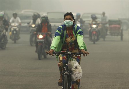 A woman wearing a face mask rides a bicycle in a haze hit Dumai, in Indonesia's Riau province June 21, 2013. REUTERS/Beawiharta A woman wearing a face mask rides a bicycle in a haze hit Dumai, in Indonesia's Riau province June 21, 2013. REUTERS/Beawiharta