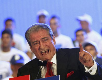 Albania's Prime Minister and leader of the Democratic Party Sali Berisha delivers a speech during a pre-election rally in the centre of Tira Albania's Prime Minister and leader of the Democratic Party Sali Berisha delivers a speech during a pre-election rally in the centre of Tira