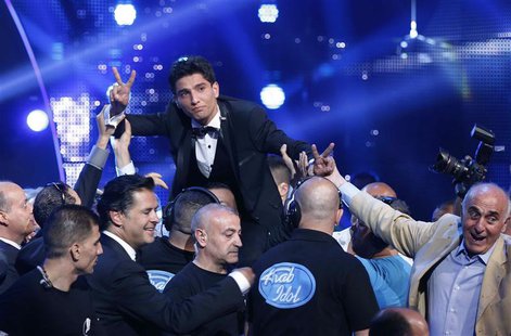 Palestinian singer Mohammed Assaf reacts after being announced winner of the Season 2 finale of "Arab Idol" in Zouk Mosbeh area, north of Be Palestinian singer Mohammed Assaf reacts after being announced winner of the Season 2 finale of "Arab Idol" in Zouk Mosbeh area, north of Be