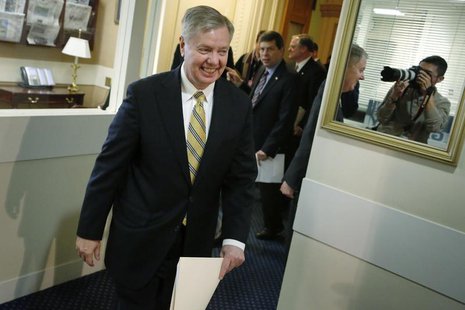 U.S. Senator Lindsey Graham (R-SC) arrives for a news conference about proposed gun violence legislation at the U.S. Capitol in Washington M U.S. Senator Lindsey Graham (R-SC) arrives for a news conference about proposed gun violence legislation at the U.S. Capitol in Washington M