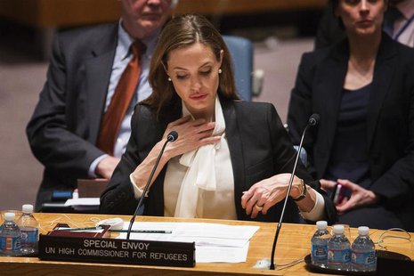 United Nations High Commissioner for Refugees (UNHCR) special envoy, actress Angelina Jolie, listens during a United Nations Security Counci United Nations High Commissioner for Refugees (UNHCR) special envoy, actress Angelina Jolie, listens during a United Nations Security Counci