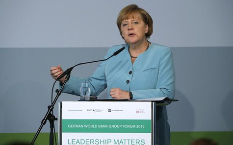 German Chancellor Angela Merkel makes a point during her speech at the German World Bank Group Forum 2013, in Berlin June 20, 2013. REUTERS/ German Chancellor Angela Merkel makes a point during her speech at the German World Bank Group Forum 2013, in Berlin June 20, 2013. REUTERS/