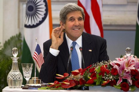 U.S. Secretary of State John Kerry smiles as he asks a reporter to repeat a question during a news conference with Indian Foreign Minister S U.S. Secretary of State John Kerry smiles as he asks a reporter to repeat a question during a news conference with Indian Foreign Minister S