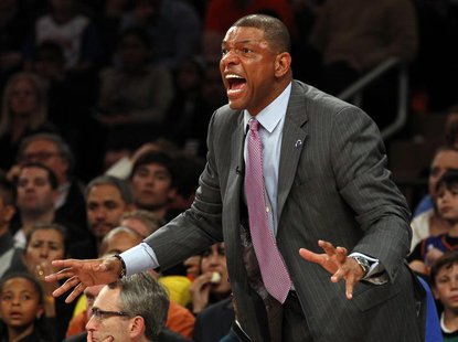 Boston Celtics head coach Doc Rivers argues a call in the second half against the New York Knicks during Game 1 of their NBA Eastern Confere Boston Celtics head coach Doc Rivers argues a call in the second half against the New York Knicks during Game 1 of their NBA Eastern Confere