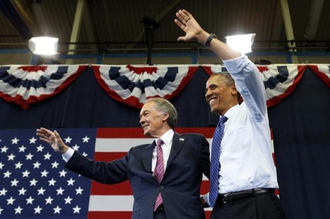 U.S. President Barack Obama (R) waves with U.S. Senate candidate Edward Markey during a campaign rally in Boston June 12, 2013. REUTERS/Kevi U.S. President Barack Obama (R) waves with U.S. Senate candidate Edward Markey during a campaign rally in Boston June 12, 2013. REUTERS/Kevi