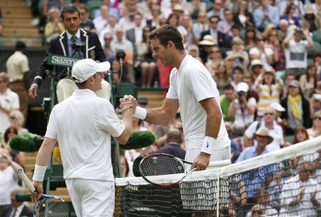 Juan Martin del Potro of Argentina (R) shakes hands with Jesse Levine of Canada after defeating him in their men's singles tennis match at t Juan Martin del Potro of Argentina (R) shakes hands with Jesse Levine of Canada after defeating him in their men's singles tennis match at t