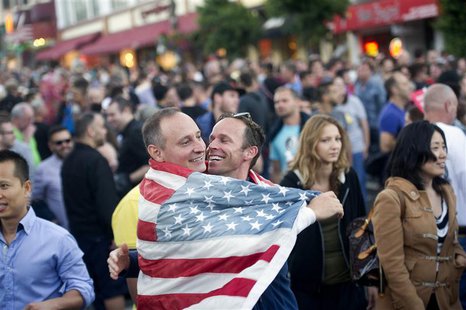 Ron Gerling (L) and Darrin Martin celebrate in San Francisco, California after the United States Supreme Court's ruled on California's Propo Ron Gerling (L) and Darrin Martin celebrate in San Francisco, California after the United States Supreme Court's ruled on California's Propo