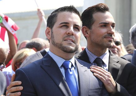Jeff Zarrillo (L) and Paul Katami, plaintiffs in the case against California's gay marriage ban known as Prop 8, stand together in front of Jeff Zarrillo (L) and Paul Katami, plaintiffs in the case against California's gay marriage ban known as Prop 8, stand together in front of