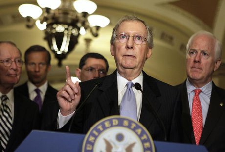 U.S. Senate Minority Leader Mitch McConnell (R-KY) (2nd R) speaks to the media on Capitol Hill in Washington June 18, 2013. REUTERS/Yuri Gri U.S. Senate Minority Leader Mitch McConnell (R-KY) (2nd R) speaks to the media on Capitol Hill in Washington June 18, 2013. REUTERS/Yuri Gri